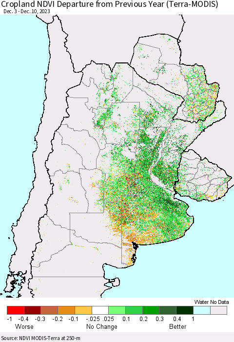 Southern South America Cropland NDVI Departure from Previous Year (Terra-MODIS) Thematic Map For 12/3/2023 - 12/10/2023