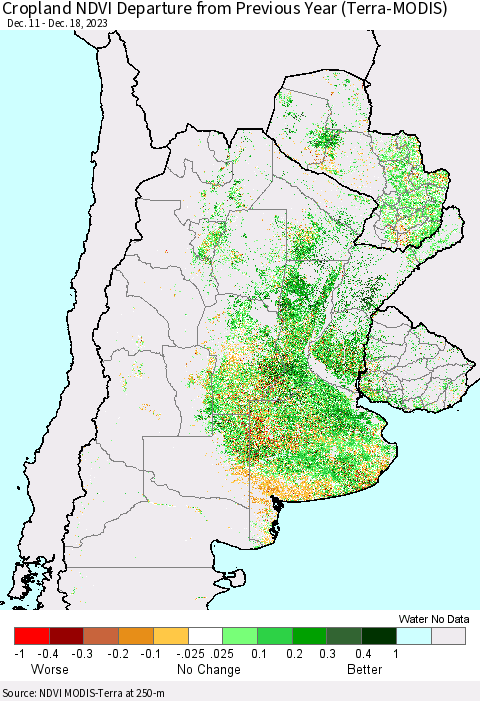 Southern South America Cropland NDVI Departure from Previous Year (Terra-MODIS) Thematic Map For 12/11/2023 - 12/18/2023