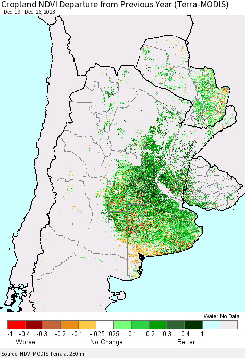 Southern South America Cropland NDVI Departure from Previous Year (Terra-MODIS) Thematic Map For 12/19/2023 - 12/26/2023