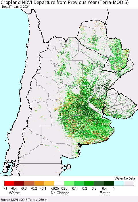 Southern South America Cropland NDVI Departure from Previous Year (Terra-MODIS) Thematic Map For 12/27/2023 - 1/3/2024