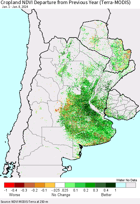 Southern South America Cropland NDVI Departure from Previous Year (Terra-MODIS) Thematic Map For 1/1/2024 - 1/8/2024