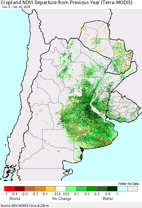 Southern South America Cropland NDVI Departure from Previous Year (Terra-MODIS) Thematic Map For 1/9/2024 - 1/16/2024