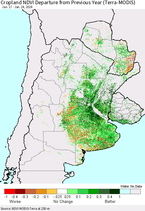 Southern South America Cropland NDVI Departure from Previous Year (Terra-MODIS) Thematic Map For 1/17/2024 - 1/24/2024