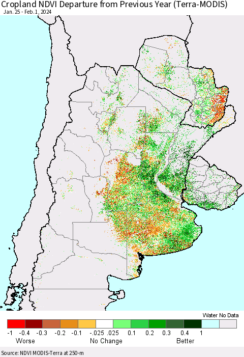 Southern South America Cropland NDVI Departure from Previous Year (Terra-MODIS) Thematic Map For 1/25/2024 - 2/1/2024