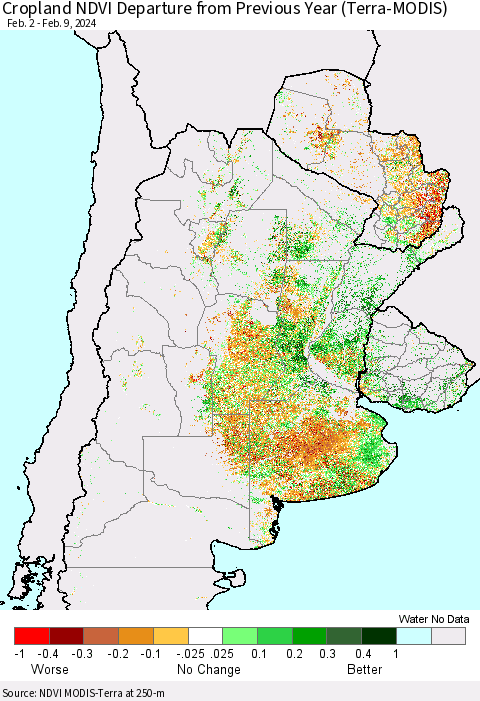 Southern South America Cropland NDVI Departure from Previous Year (Terra-MODIS) Thematic Map For 2/2/2024 - 2/9/2024