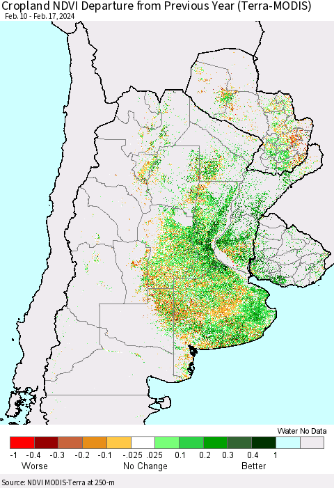 Southern South America Cropland NDVI Departure from Previous Year (Terra-MODIS) Thematic Map For 2/10/2024 - 2/17/2024