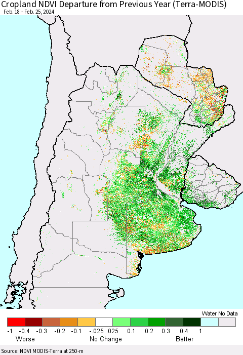 Southern South America Cropland NDVI Departure from Previous Year (Terra-MODIS) Thematic Map For 2/18/2024 - 2/25/2024