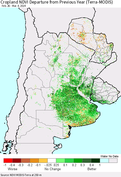 Southern South America Cropland NDVI Departure from Previous Year (Terra-MODIS) Thematic Map For 2/26/2024 - 3/4/2024