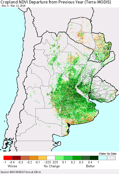 Southern South America Cropland NDVI Departure from Previous Year (Terra-MODIS) Thematic Map For 3/5/2024 - 3/12/2024