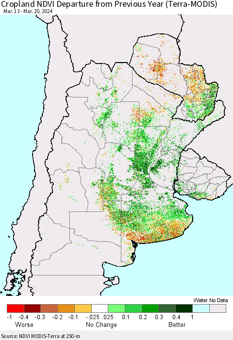 Southern South America Cropland NDVI Departure from Previous Year (Terra-MODIS) Thematic Map For 3/13/2024 - 3/20/2024