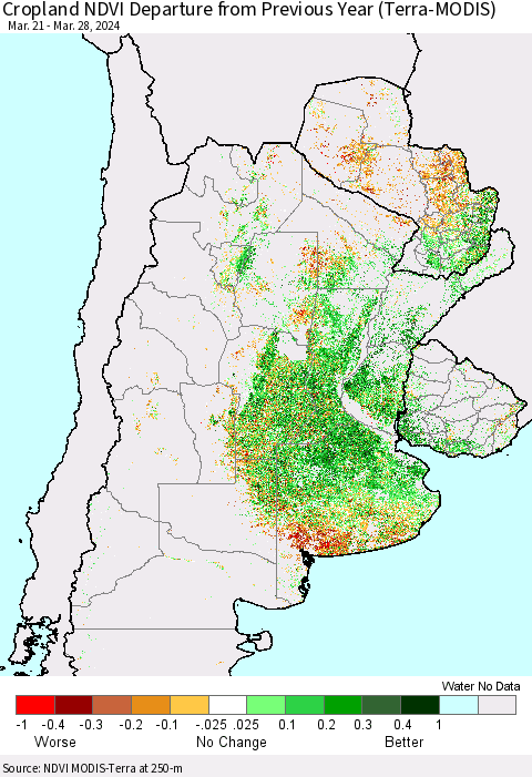 Southern South America Cropland NDVI Departure from Previous Year (Terra-MODIS) Thematic Map For 3/21/2024 - 3/28/2024