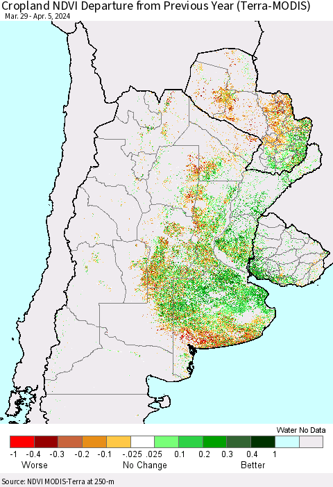 Southern South America Cropland NDVI Departure from Previous Year (Terra-MODIS) Thematic Map For 3/29/2024 - 4/5/2024