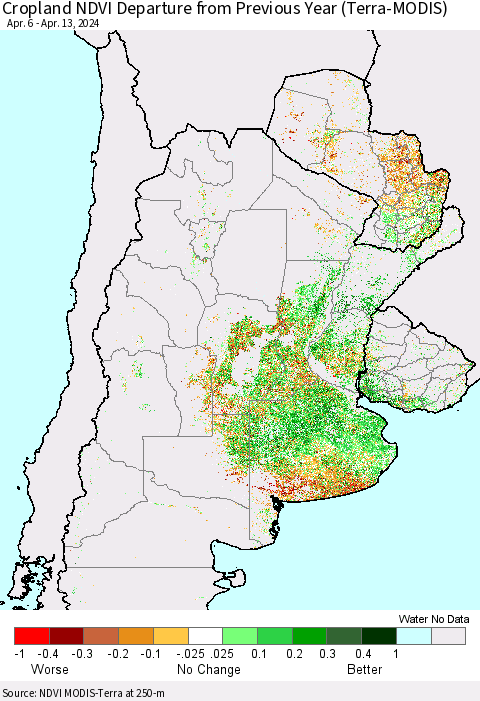 Southern South America Cropland NDVI Departure from Previous Year (Terra-MODIS) Thematic Map For 4/6/2024 - 4/13/2024