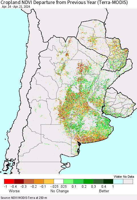 Southern South America Cropland NDVI Departure from Previous Year (Terra-MODIS) Thematic Map For 4/14/2024 - 4/21/2024