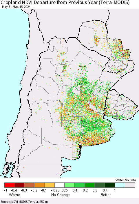 Southern South America Cropland NDVI Departure from Previous Year (Terra-MODIS) Thematic Map For 5/8/2024 - 5/15/2024