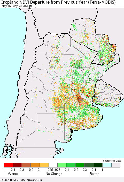 Southern South America Cropland NDVI Departure from Previous Year (Terra-MODIS) Thematic Map For 5/16/2024 - 5/23/2024