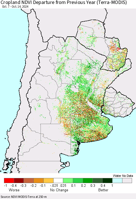Southern South America Cropland NDVI Departure from Previous Year (Terra-MODIS) Thematic Map For 10/7/2024 - 10/14/2024