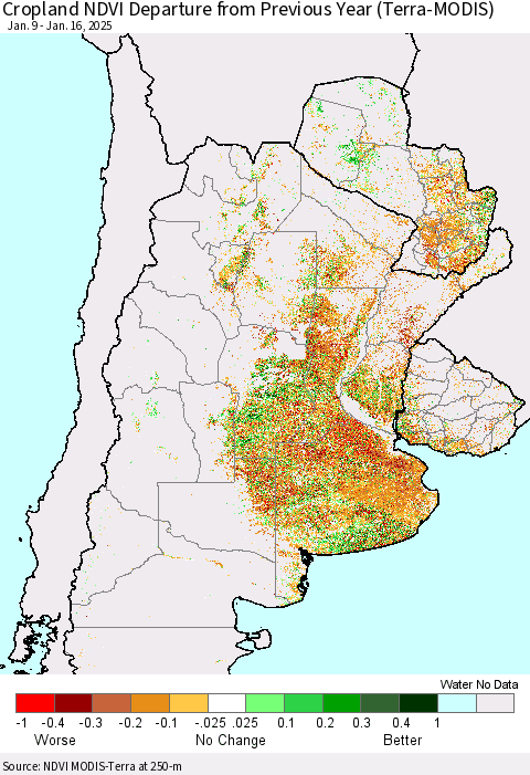 Southern South America Cropland NDVI Departure from Previous Year (Terra-MODIS) Thematic Map For 1/9/2025 - 1/16/2025
