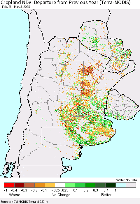 Southern South America Cropland NDVI Departure from Previous Year (Terra-MODIS) Thematic Map For 2/26/2025 - 3/5/2025