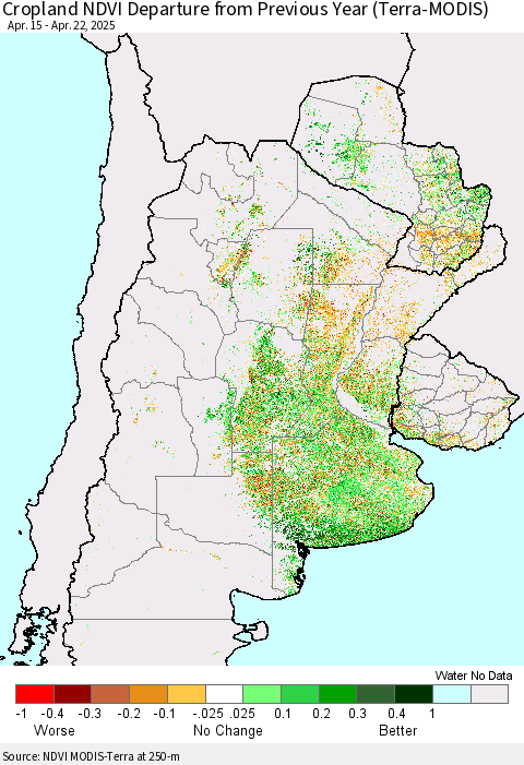 Southern South America Cropland NDVI Departure from Previous Year (Terra-MODIS) Thematic Map For 4/15/2025 - 4/22/2025