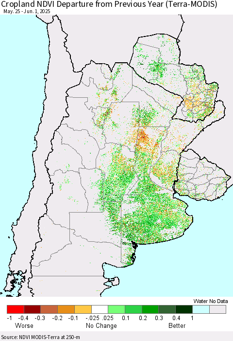 Southern South America Cropland NDVI Departure from Previous Year (Terra-MODIS) Thematic Map For 5/25/2025 - 6/1/2025