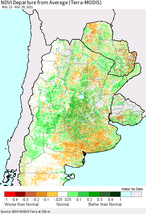 Southern South America NDVI Departure from Average (Terra-MODIS) Thematic Map For 3/22/2021 - 3/29/2021