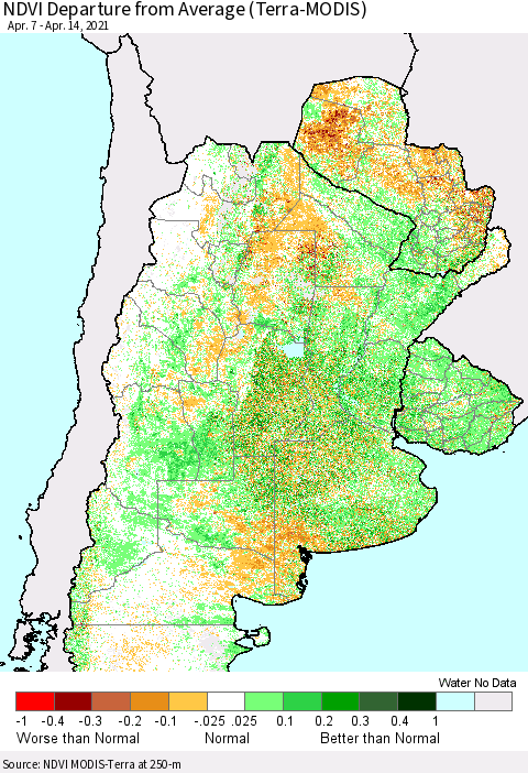 Southern South America NDVI Departure from Average (Terra-MODIS) Thematic Map For 4/7/2021 - 4/14/2021