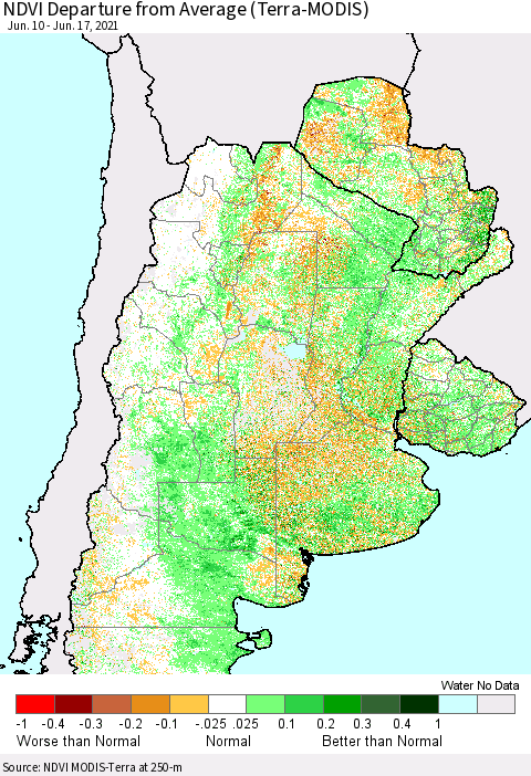 Southern South America NDVI Departure from Average (Terra-MODIS) Thematic Map For 6/10/2021 - 6/17/2021