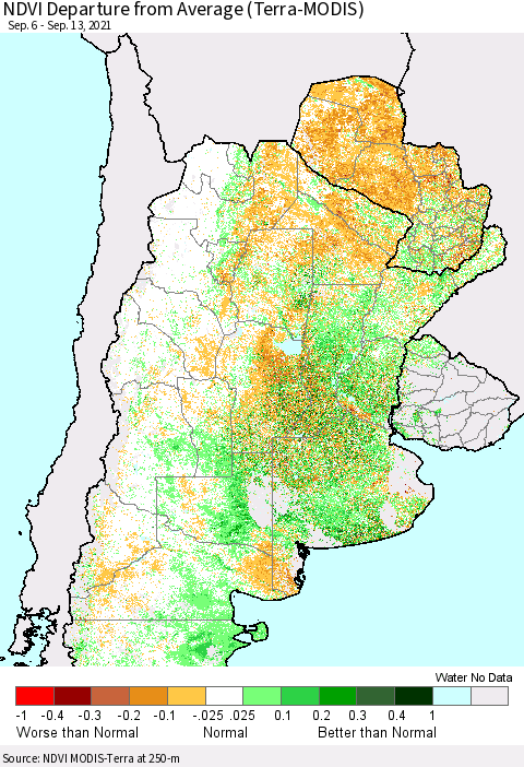 Southern South America NDVI Departure from Average (Terra-MODIS) Thematic Map For 9/6/2021 - 9/13/2021