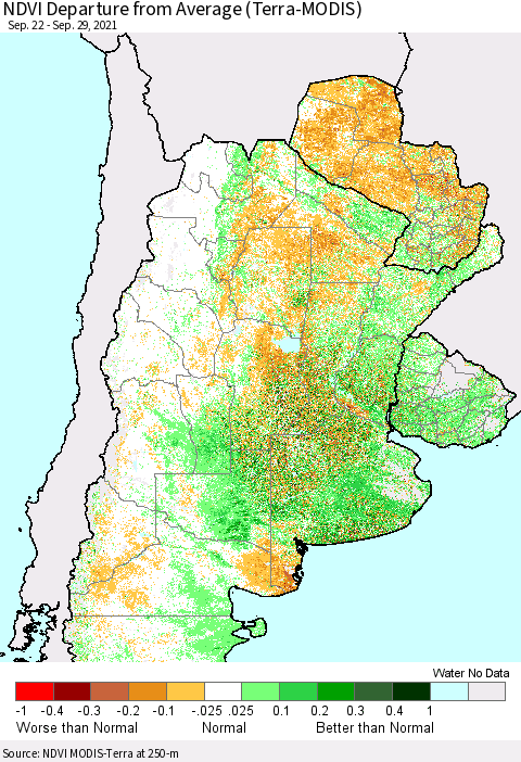 Southern South America NDVI Departure from Average (Terra-MODIS) Thematic Map For 9/22/2021 - 9/29/2021