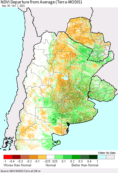 Southern South America NDVI Departure from Average (Terra-MODIS) Thematic Map For 9/30/2021 - 10/7/2021