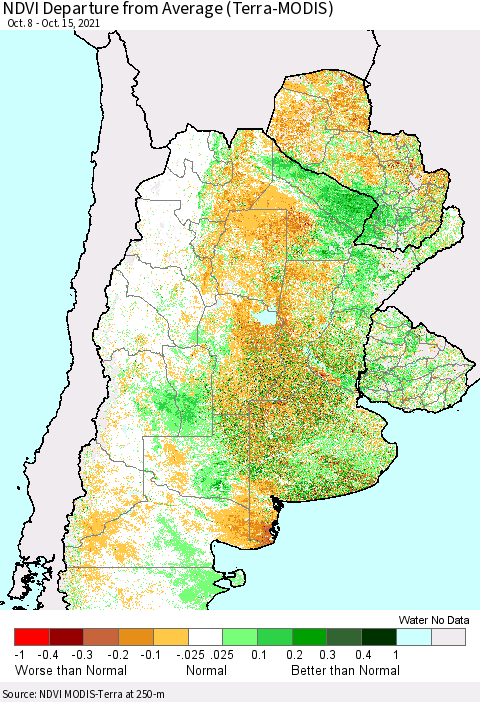 Southern South America NDVI Departure from Average (Terra-MODIS) Thematic Map For 10/8/2021 - 10/15/2021