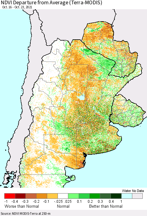 Southern South America NDVI Departure from Average (Terra-MODIS) Thematic Map For 10/16/2021 - 10/23/2021