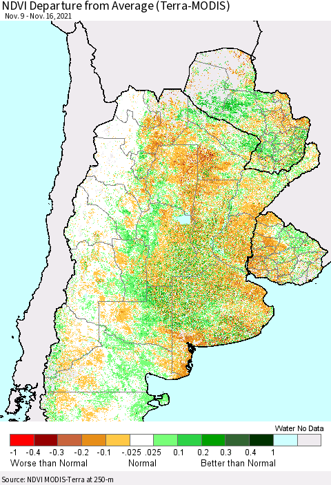 Southern South America NDVI Departure from Average (Terra-MODIS) Thematic Map For 11/9/2021 - 11/16/2021