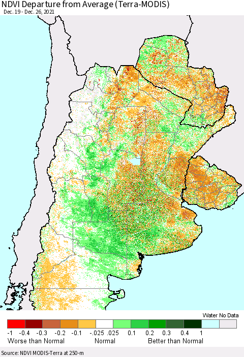 Southern South America NDVI Departure from Average (Terra-MODIS) Thematic Map For 12/26/2021 - 1/2/2022