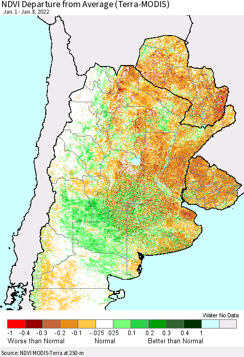 Southern South America NDVI Departure from Average (Terra-MODIS) Thematic Map For 1/1/2022 - 1/8/2022
