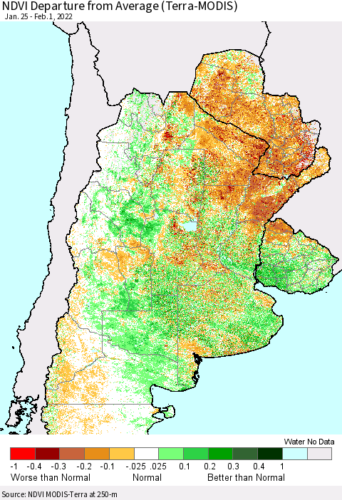Southern South America NDVI Departure from Average (Terra-MODIS) Thematic Map For 1/25/2022 - 2/1/2022