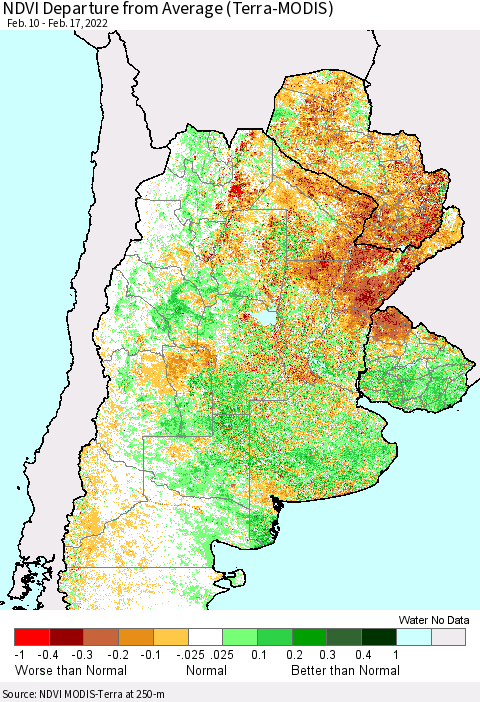 Southern South America NDVI Departure from Average (Terra-MODIS) Thematic Map For 2/10/2022 - 2/17/2022