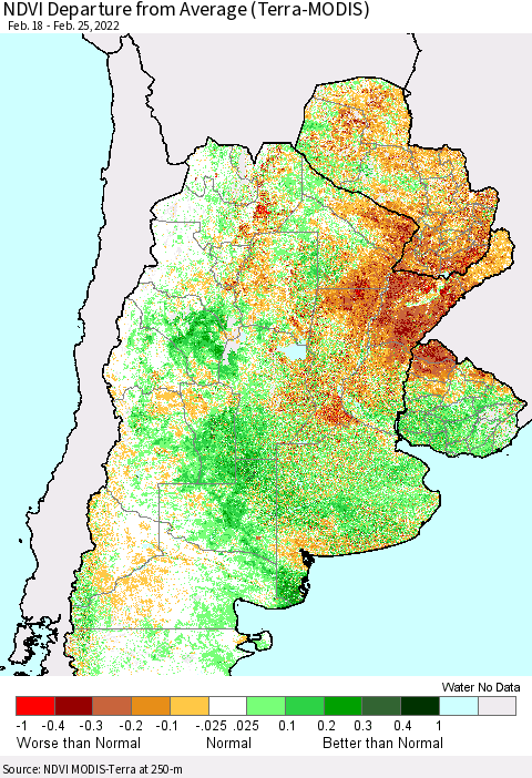 Southern South America NDVI Departure from Average (Terra-MODIS) Thematic Map For 2/18/2022 - 2/25/2022