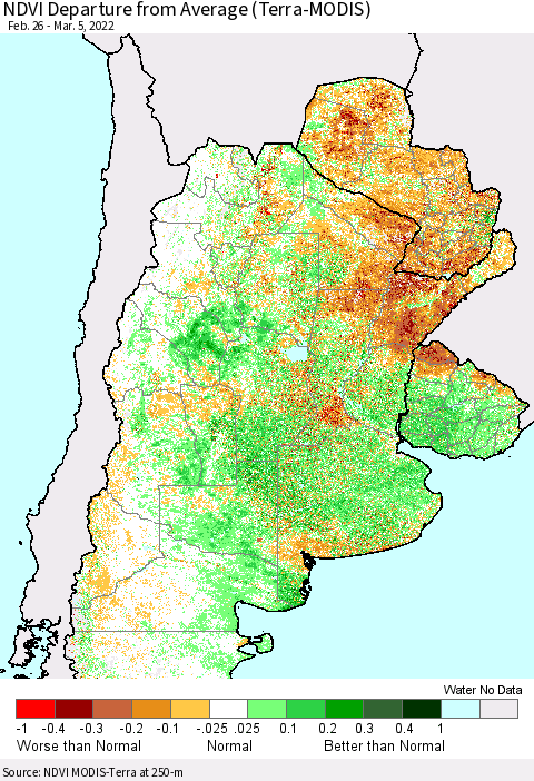 Southern South America NDVI Departure from Average (Terra-MODIS) Thematic Map For 2/26/2022 - 3/5/2022