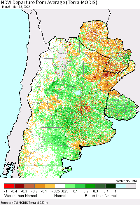 Southern South America NDVI Departure from Average (Terra-MODIS) Thematic Map For 3/6/2022 - 3/13/2022
