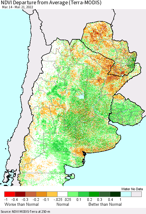 Southern South America NDVI Departure from Average (Terra-MODIS) Thematic Map For 3/14/2022 - 3/21/2022