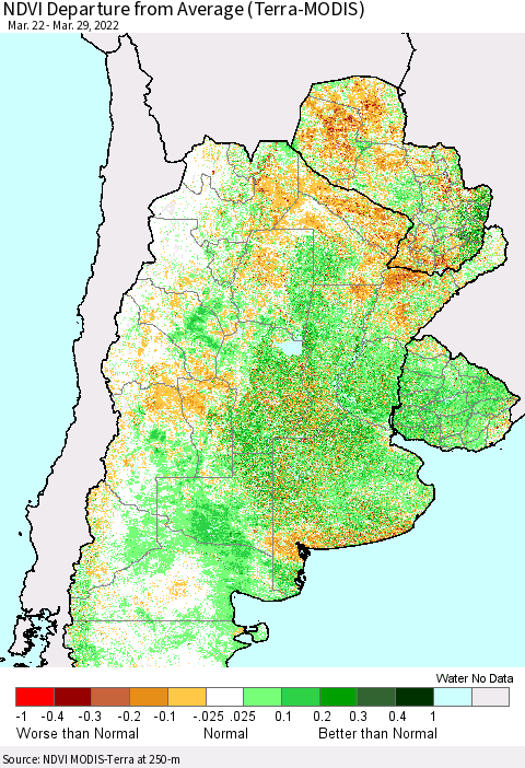 Southern South America NDVI Departure from Average (Terra-MODIS) Thematic Map For 3/22/2022 - 3/29/2022