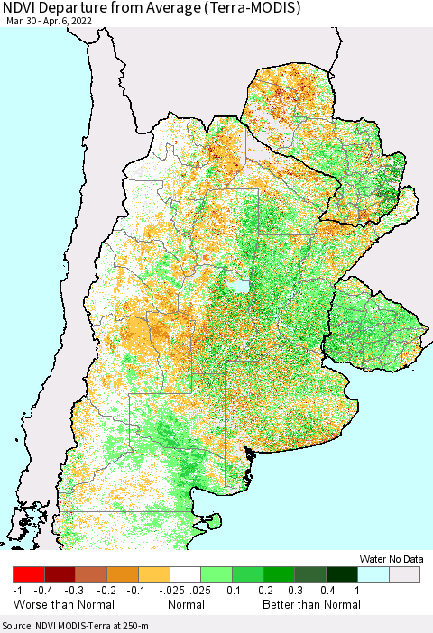 Southern South America NDVI Departure from Average (Terra-MODIS) Thematic Map For 3/30/2022 - 4/6/2022