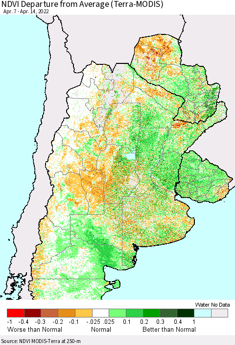 Southern South America NDVI Departure from Average (Terra-MODIS) Thematic Map For 4/7/2022 - 4/14/2022