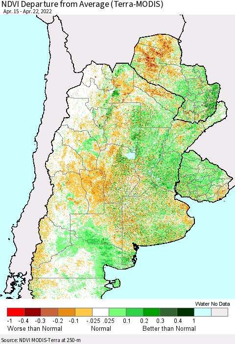 Southern South America NDVI Departure from Average (Terra-MODIS) Thematic Map For 4/15/2022 - 4/22/2022