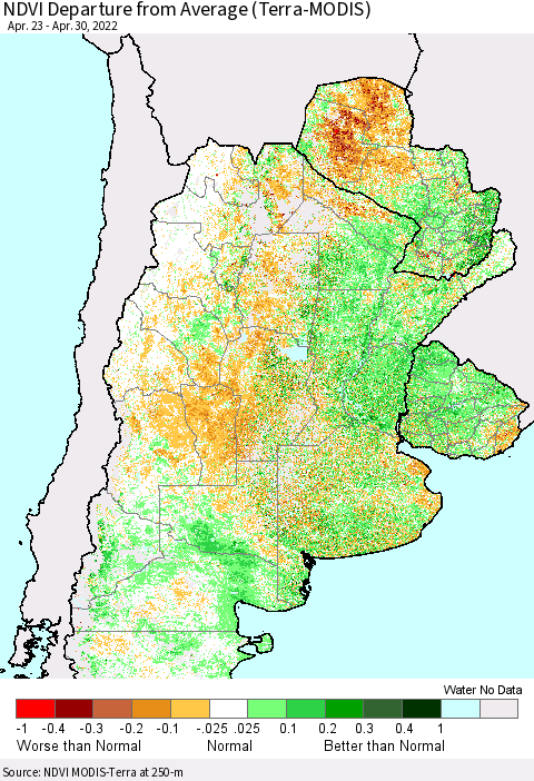 Southern South America NDVI Departure from Average (Terra-MODIS) Thematic Map For 4/23/2022 - 4/30/2022