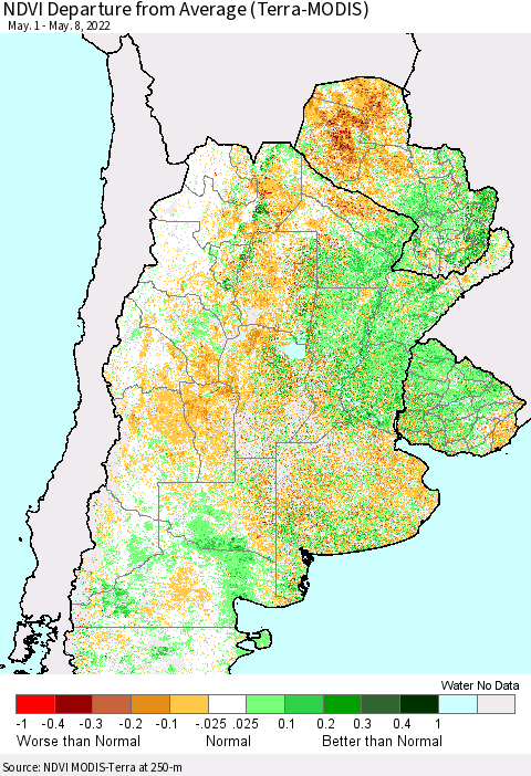 Southern South America NDVI Departure from Average (Terra-MODIS) Thematic Map For 5/1/2022 - 5/8/2022