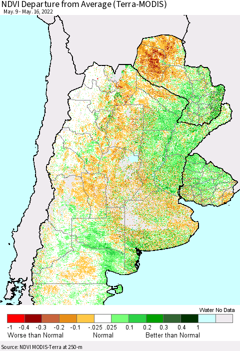 Southern South America NDVI Departure from Average (Terra-MODIS) Thematic Map For 5/9/2022 - 5/16/2022
