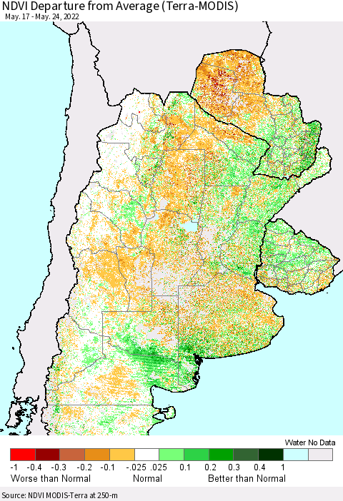 Southern South America NDVI Departure from Average (Terra-MODIS) Thematic Map For 5/17/2022 - 5/24/2022